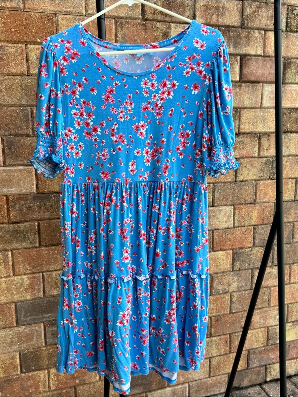 Draper James Blue Floral Tiered Midi Dress with Red White Accents